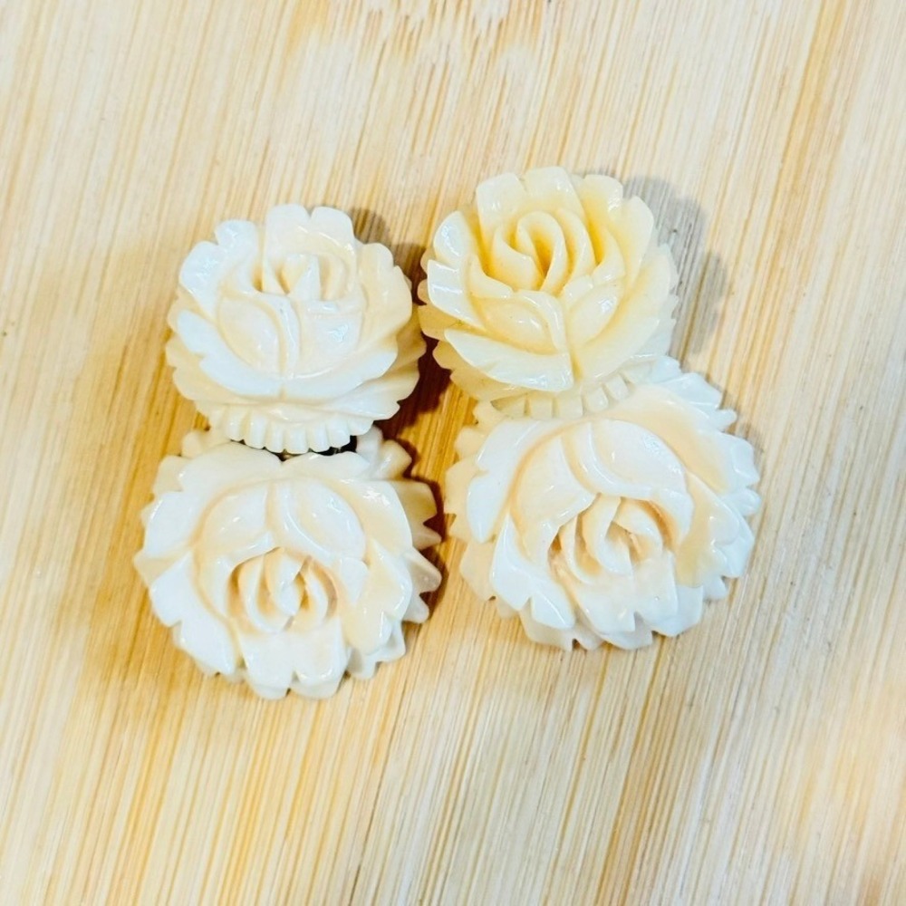 VTG Rose Flower Earrings Door Knockers Dangle Clip Carved Bone Estate Chunky 70s
